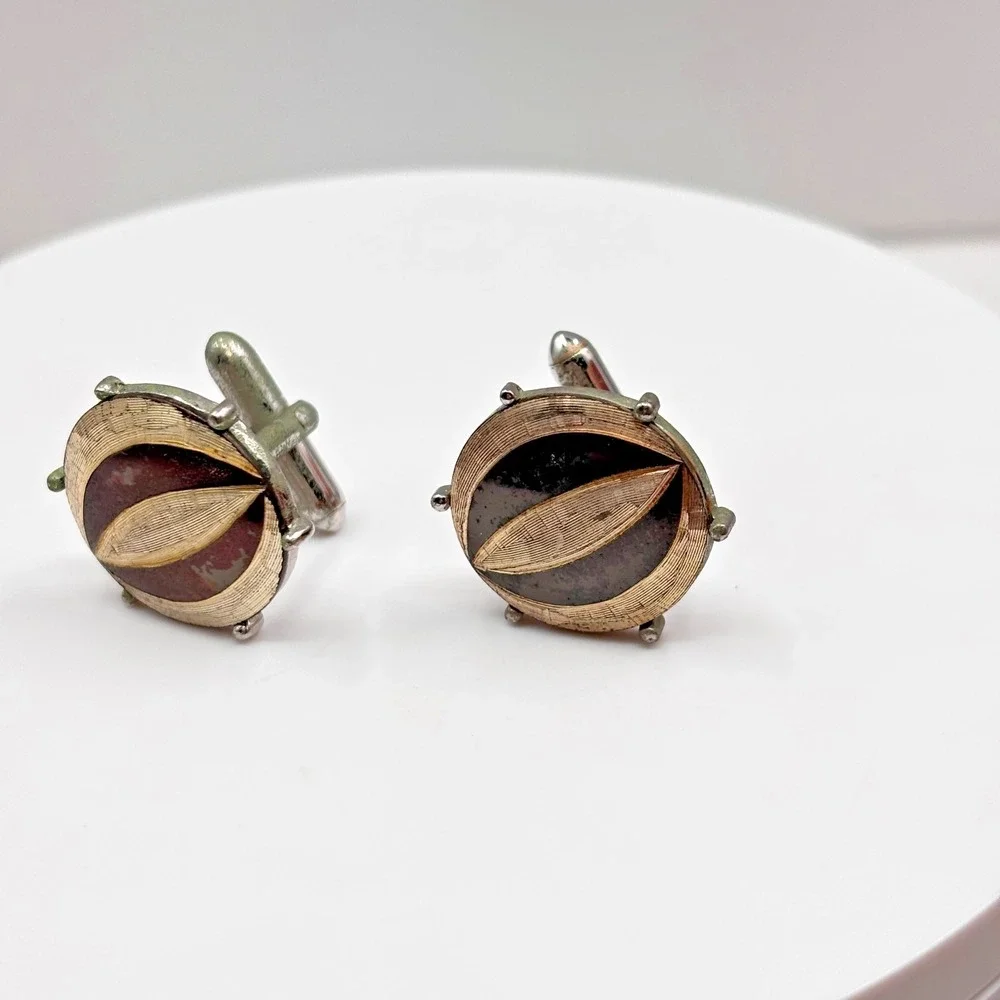 VTG Swank Cufflinks Silver Tone Abstract Leaf Eye Design Mod Mid Century Men's